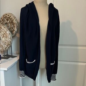 Cabi El Capitan Navy Hooded Cardigan with Striped Cuffs